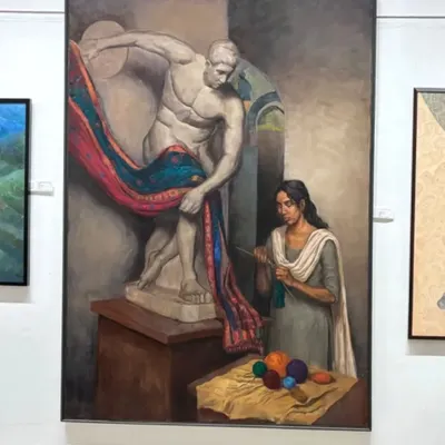 My award-winning 7x5 feet oil painting, "Knitting her thoughts." This piece explores the intersection of Western classicism and Indian identity.
