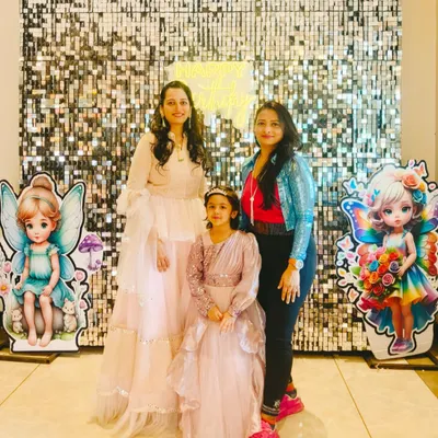 Here I am with the birthday girl Samanvi and her mother at her 5th birthday party in Pune. I planned and hosted this fairy-themed celebration, ensuring a magical day filled with fun for both kids and adults.