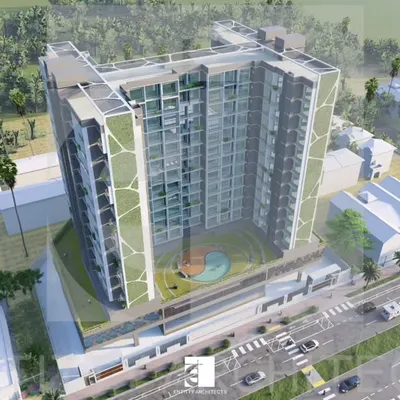 An aerial view of our proposal for a large residential complex. This design features prominent vertical green facades that climb the building's exterior, along with a fully designed podium garden at the base, creating a green sanctuary for residents within an urban environment.