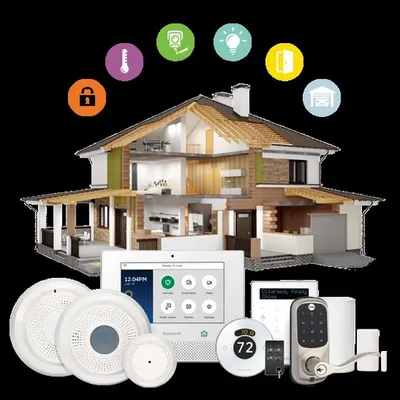 We transform houses into smart homes by integrating security, climate control, and lighting into one intuitive system. This cutaway view shows how a central control panel, smart locks, and various sensors work together to create a secure, efficient, and comfortable living environment.