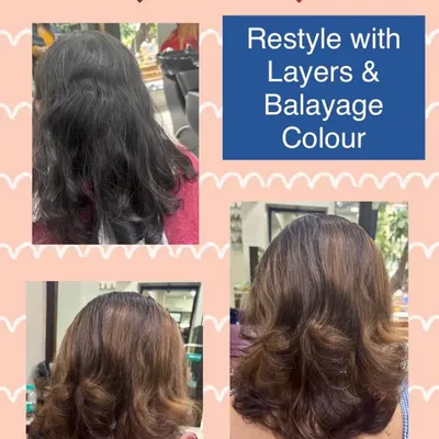 A beautiful hair makeover combining a layered cut with a warm balayage color. The hand-painted technique creates a seamless gradient from dark to light for a natural, sun-kissed finish.