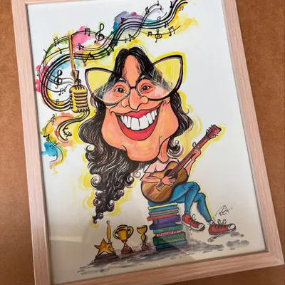 For the true all-rounder! This framed caricature celebrates a girl who excels at everything, from music to academics. I loved incorporating her guitar, books, and trophies into one vibrant portrait.