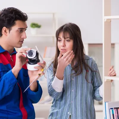 Our technician is explaining a camera issue to a homeowner. We believe in clear communication, ensuring you understand the problem and the solution before we begin any repair work.