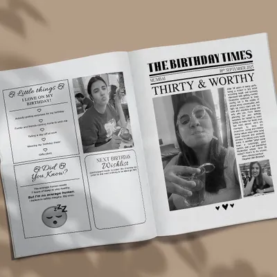 Turning thirty is a big deal, and this 'The Birthday Times' made sure it was a headline event. This inside spread shows sections for 'Little things I love on my birthday', fun facts, and even a 'Next Birthday Wishlist' space.