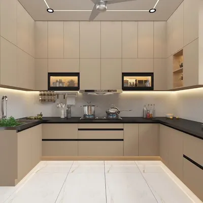 A 3D render of a U-shaped modular kitchen in a neutral beige tone with a black countertop. This visualization helps in planning the layout, appliance placement, and color scheme to perfection.