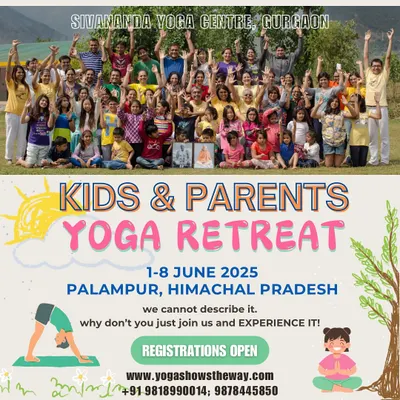 Join us for our annual Kids & Parents Yoga Retreat in the beautiful hills of Palampur. This poster captures the joyful, vibrant energy of a week where families bond over yoga, nature, and fun.