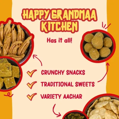 Wondering what to snack on? Happy Grandmaa Kitchen has it all. We offer a full range of crunchy snacks, traditional Marwadi sweets, and a variety of homemade achaars to satisfy every craving.