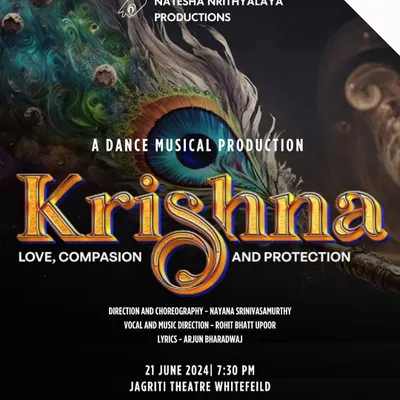 The official poster for our premiere of "KRISHNA: Love, Compassion, Protection" at Jagriti Theatre. The design, featuring Krishna's eye and a peacock feather, evokes the divine and mystical themes of the show.