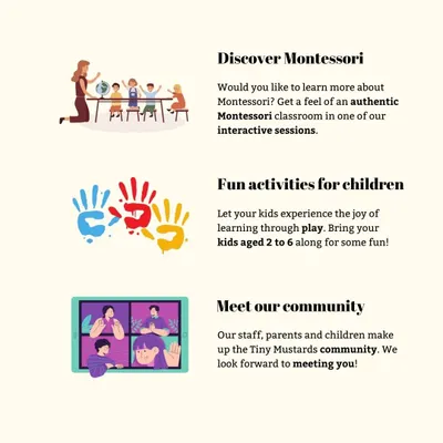 Discover the Montessori method, let your child enjoy fun activities, and meet our wonderful community. We look forward to welcoming you to our Open House.