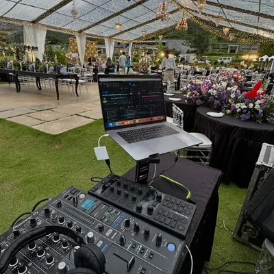 All set up and ready to rock a wedding reception and afterparty at the beautiful Amitarasa venue. My professional DJ setup is perfect for any wedding event, from sangeet to reception.