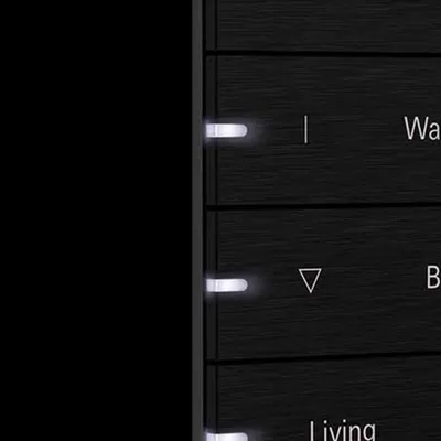 This close-up of a Gira KNX pushbutton sensor shows the tactile precision of our physical interfaces. Each button can be programmed to control individual lights, entire scenes like 'Living' or 'Watch', or automated functions like blinds.
