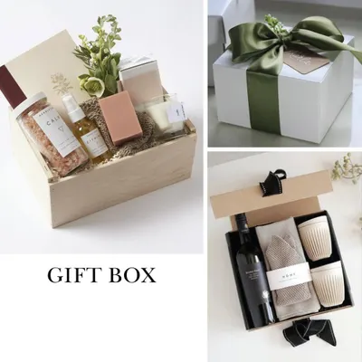 This collage showcases our versatile gift box options. From minimalist white boxes with olive green ribbons to natural wood and sleek black designs, the packaging is part of the gift.