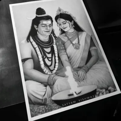 The final A3 size sketch of Shiva and Parvati sharing a moment of divine peace. This large-format piece allows for incredible detail in their expressions, attire, and the gentle flame between them.