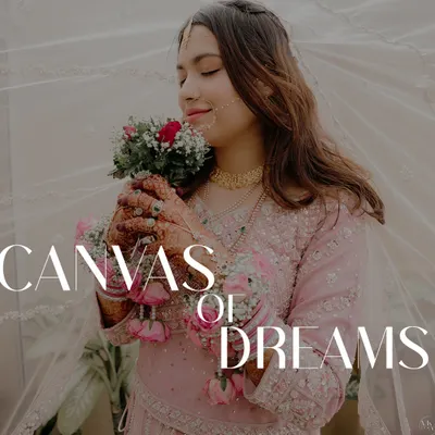 A dreamy portrait of our bride Afreen on her Nikah day. The text overlay "Canvas of Dreams" perfectly describes the ethereal quality of this moment.