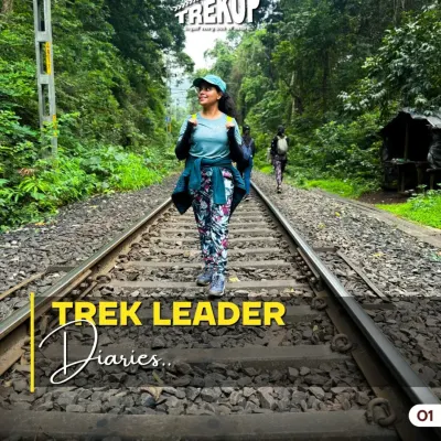 Trek Leader Diaries: This is where the magic happens. A shot of one of our leaders on the famous Dudhsagar railway track trail, ready to guide the group.