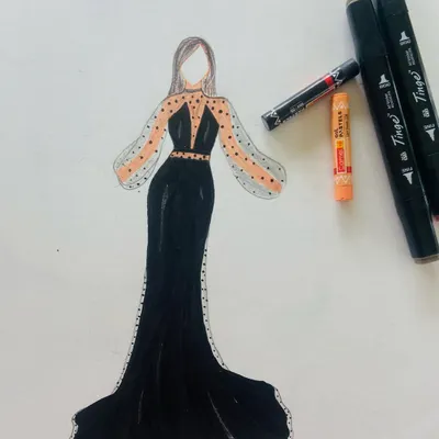A fashion illustration of a black evening gown with sheer, polka-dotted bishop sleeves. We use markers and pastels to render different fabric textures.