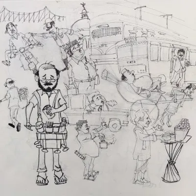The initial sketch for a live demonstration piece at the "In Art World" exhibition in Kolkata.