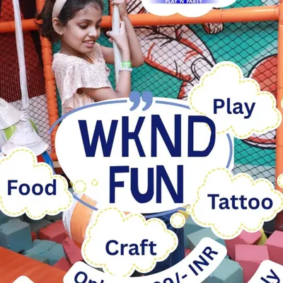 Our "WKND FUN" poster advertising a monsoon magic event with playtime, food, tattoos, and crafts to keep kids entertained on rainy weekends.