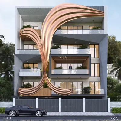 A demonstration of a parametric facade, where I used flowing, ribbon-like forms in a copper finish to create a sculptural and artistic exterior. This approach allows for unique architectural expressions that move beyond traditional building shapes.