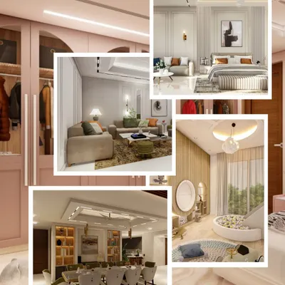 A collage showcasing various spaces from a farmhouse project in Delhi. It highlights the cohesive design language, from the soft pastels in the bedrooms to the elegant neutrals in the living and dining areas.