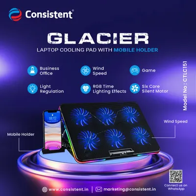 The "Glacier" laptop cooling pad is a premium accessory featuring a six-core silent motor and RGB lighting effects. It includes adjustable wind speed and a mobile holder, making it perfect for both business office use and gaming.