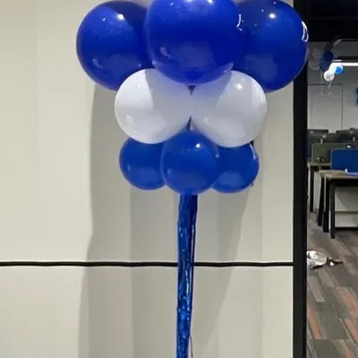 A simple and effective balloon standee for a corporate event. The blue and white color scheme matches the company's branding, creating a professional and festive atmosphere.