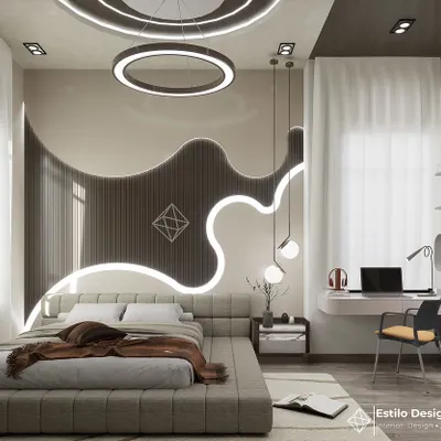 This bedroom is a showcase of modern design, where bold, organic curves and integrated LED lighting create a dramatic feature wall. The space is designed as a complete suite, with a floating desk and chair creating a functional home office nook.