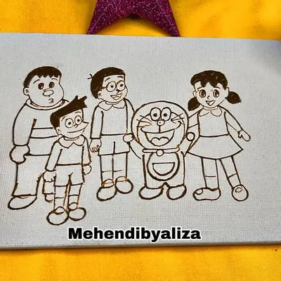 A nostalgic trip down memory lane with this Doraemon and friends henna art on canvas. A perfect piece for any cartoon lover.