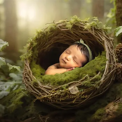 Tucked away in a mossy nest, this little one looks so peaceful. I use a combination of physical props and digital artistry to create these enchanting nature-themed newborn portraits.