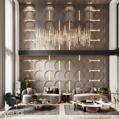 A full view of a double-height living room, designed to showcase grandeur and modern elegance. The 3D render emphasizes the scale of the space, the custom circular-patterned wall, and the cascading chandelier.