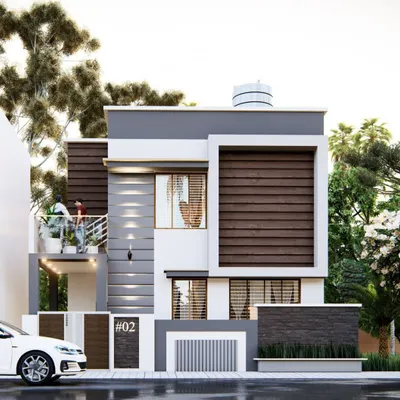 The 3D render I created for this project, showing a compact modern home with a distinctive wood-paneled feature.