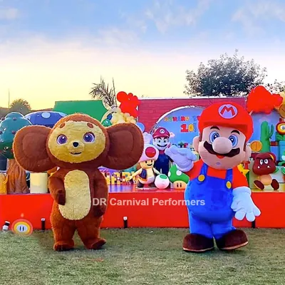 An iconic duo! Super Mario and Cheburashka are ready to party at this outdoor event. We can provide unique character combinations to fit any party theme.