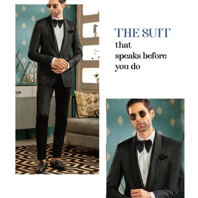 This is the suit that speaks before you do. A powerful silhouette and a perfect fit, this black textured tuxedo is made to own the room with its sharp shawl collar and confident styling.