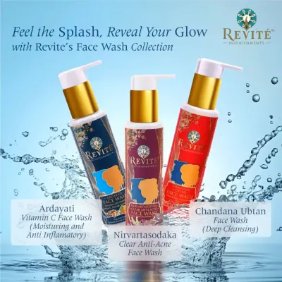 Feel the splash and reveal your glow. My face wash collection is designed to cater to your skin's unique needs, whether it's deep cleansing with Chandana Ubtan, fighting acne with Nirvartasodaka, or moisturizing with Ardayati Vitamin C.