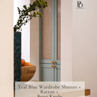 I love pairing different materials to create a unique look. This teal blue wardrobe shutter with a rattan insert is finished with delicate brass knobs, a combination that feels both modern and timelessly elegant.