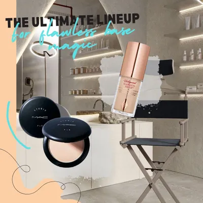 This is the ultimate lineup for flawless base magic. The MAC Studio Fix compact and Charlotte Tilbury Flawless Filter are two products I constantly reach for to create a smooth, radiant canvas.