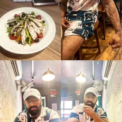 A collage showing a healthy, high-protein meal and the results: veins popping. Nutrition is 70% of the game, and I guide my clients on what to eat to get lean and muscular.
