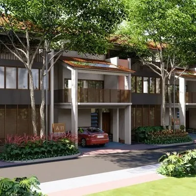 A streetscape rendering for a contemporary villa development. We design streets that are lined with trees and greenery, creating a pleasant and shaded environment that encourages walking and social interaction.