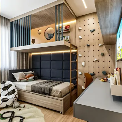 This kids' room is a masterclass in space efficiency. The loft bed frees up floor space for a study desk and play area, while the wall is utilized for a fun climbing activity.