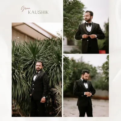 A collage of the groom, Kaushik, looking sharp in his black tuxedo. These portraits capture his confident style and the moments just before the reception.