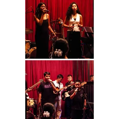 Friendship and harmony go hand in hand. Here are our students performing together at a professional gig, a testament to our collaborative band training.