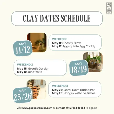 Here is a look at our 'Clay Dates' schedule for May. We offer a variety of one day workshops like making ghost-themed incense burners, egg caddies, Groot planters, and fish-themed wall hangings.
