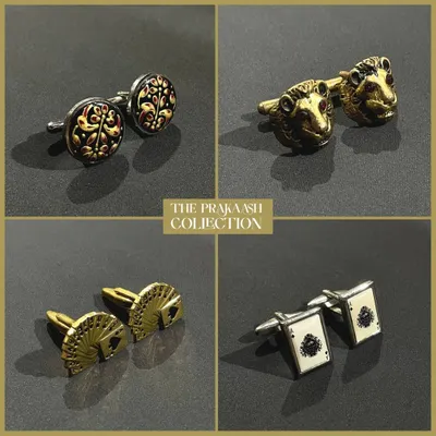 A glimpse into our exclusive men's cufflinks collection. This set highlights four distinct styles: intricate traditional motifs, 3D sculpted antique gold animal heads, playful fan-of-cards designs, and classic enamel playing card emblems.