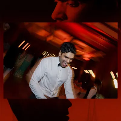 An artistic, multi-panel image capturing the high energy of the groom dancing at the Sangeet. The motion blur and intense red lighting convey the excitement and joy of the celebration.