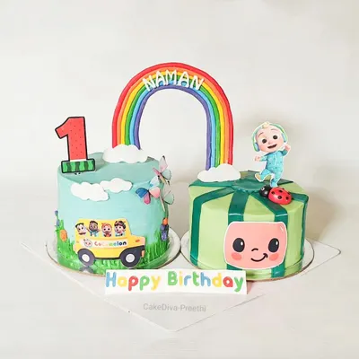 Cocomelon is such a popular theme for first birthdays. For this celebration, I made two separate cakes, one with the iconic watermelon and another with the yellow school bus, connected by a beautiful fondant rainbow.