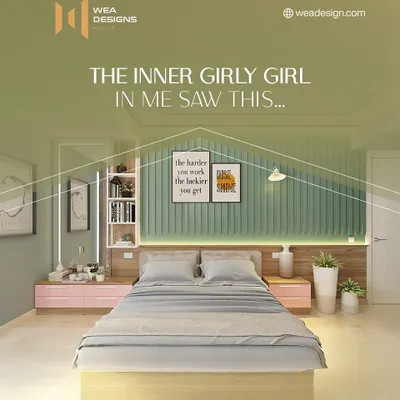 This bedroom combines a soft green fluted headboard wall with light wood and touches of pink for a chic and modern feel. The design includes integrated bedside tables and shelving for a clean, uncluttered look.