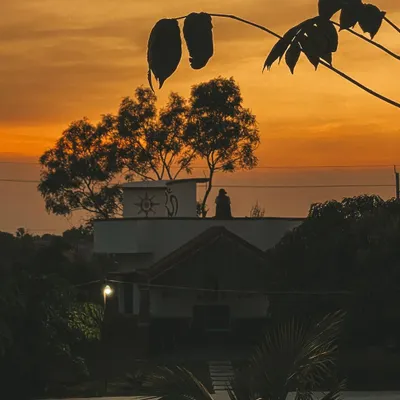 The silhouette of the ashram against a fiery sunset sky. Each evening here is a spectacle of color and a reminder of the beauty of the natural world.