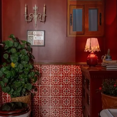 Why shouldn't a bathroom have character? For this space, I chose a deep, dramatic red for the walls and paired it with bold patterned tiles. The vintage-style sconce and lamp add a warm, moody glow, turning a functional room into a memorable experience.