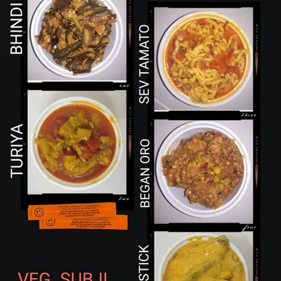Here is a sample of the different vegetable curries, or sabjis, I make. You can see Bhindi Masala, Sev Tamato, Turiya, Ringan no Oro (baingan bharta), and Drumstick curry, all cooked fresh for your daily tiffin.