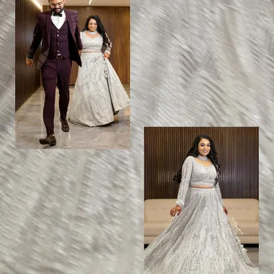 A collage showing the couple's grand entrance at their wedding reception and a beautiful solo portrait of the bride in her glittering lehenga.